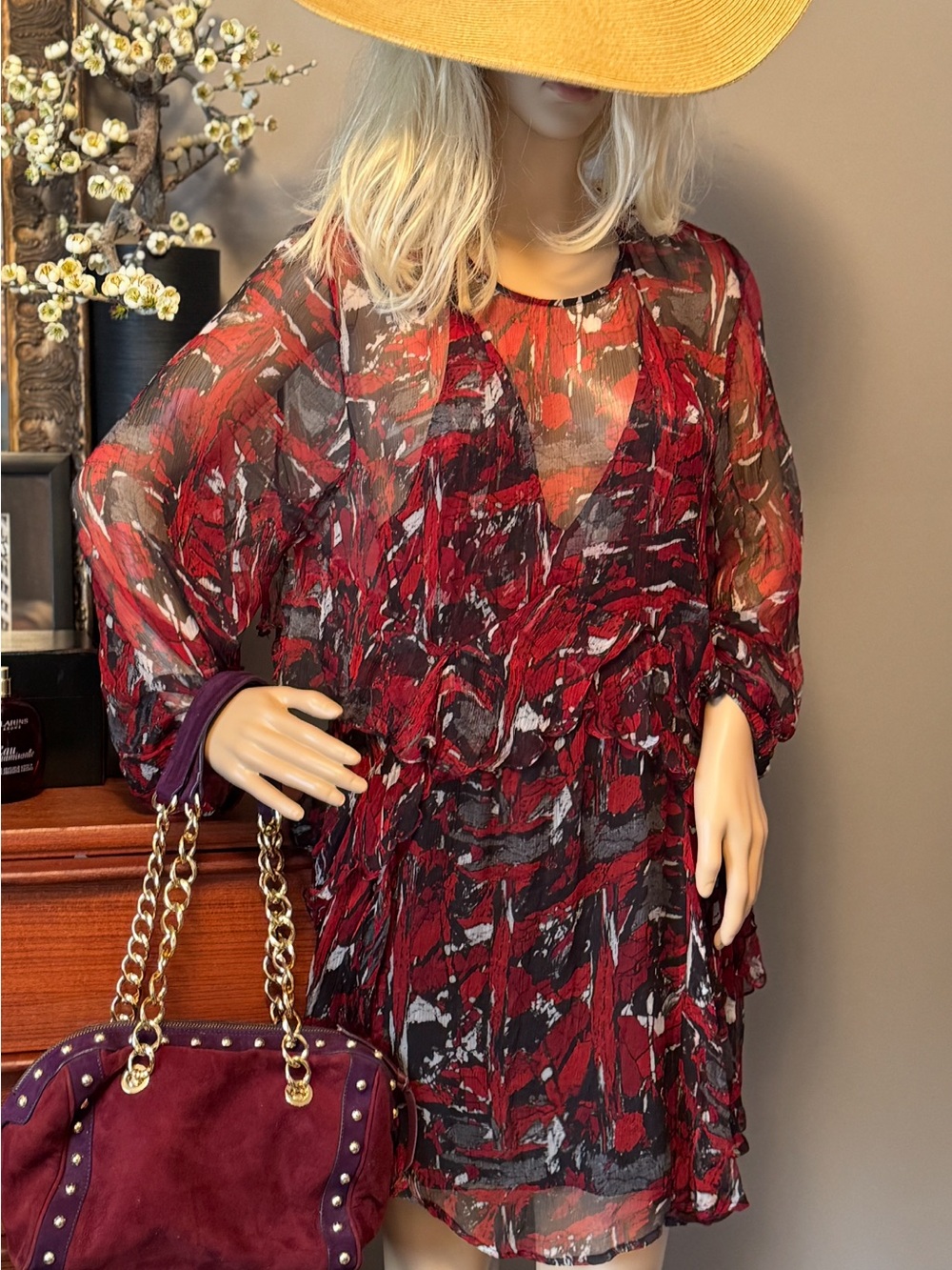 IRO Red and Black Sheer Printed Long-Sleeve Dress